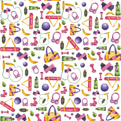 Seamless pattern with bright sports equipment on a white background. Watercolor colourful illustration. Can be used on wrapping paper, booklets, postcards, corporate identity, merch, certificates