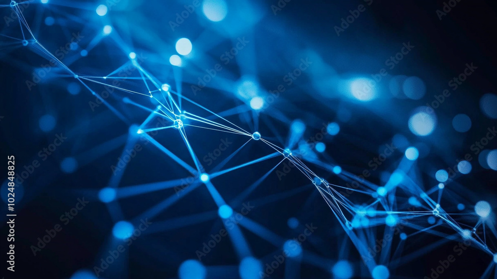 Poster abstract representation of a digital network with glowing blue nodes and connections