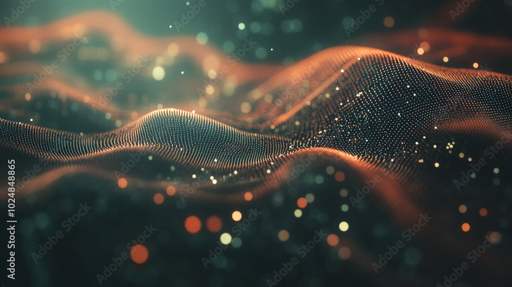Poster dynamic abstract representation of waves with glowing particles in a digital space environment