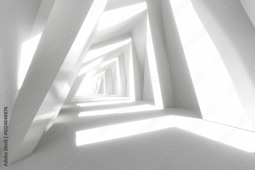 Poster abstract white tunnel with light shining through triangular openings.