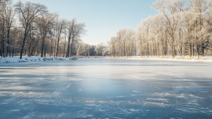 Ice-covered lake with snow-covered trees in the background, ample copy space on the ice
