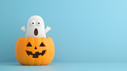 Cute and Surprised 3D Clay Ghost Character Popping Out of an Autumn Jack O  Lantern for Halloween Holiday and Festive Design