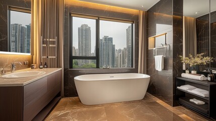 Modern Bathroom Interior, Luxury Design with City View. Freestanding Bathtub, Large Window.