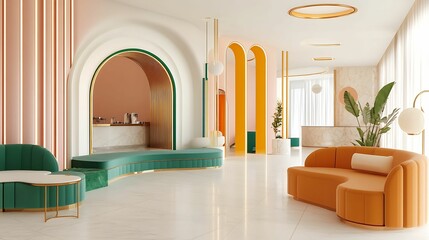 Contemporary lounge interior featuring colorful curved seating, stylish arches, and modern decor creating a welcoming ambiance.