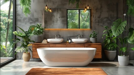 Fototapeta premium Luxurious modern bathroom with freestanding tub and lush greenery in a tranquil natural setting. Generative AI