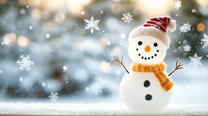 A cheerful snowman wearing a striped Santa hat and yellow scarf stands in a snowy landscape with falling snowflakes.