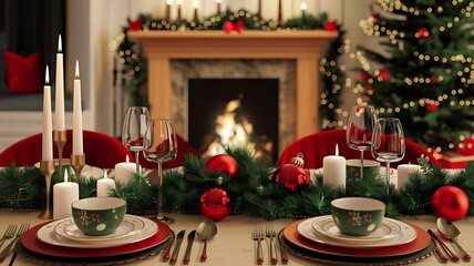 Beautifully set Christmas dinner table with candles and festive decorations, placed in front of a cozy fireplace and tree.