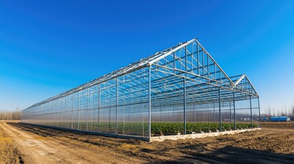 Fototapeta premium Large greenhouse structure on a farm, with clear blue sky providing ample room for copy