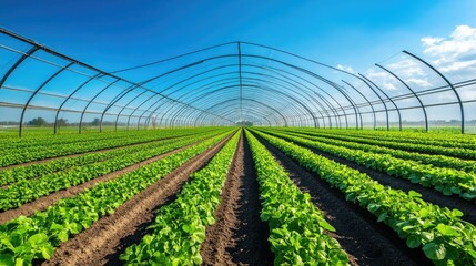 Large greenhouse structure on a farm, with clear blue sky providing ample room for copy