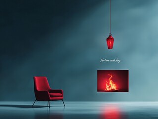Modern living room with red armchair  fireplace  and pendant lamp