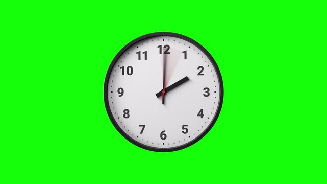 Clock Timelapse Greenscreen Alpha Loop. Fast movement of clock hands motion blur. Black and White Analog Wall Clock Isolated. Time Passing Fast. 12 Hours Classic Clock Timelapse