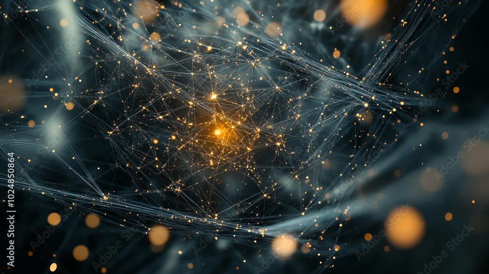 Poster a close-up view of a radiant network of particles and light in an abstract cosmos theme