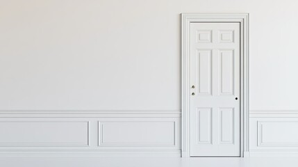 Fototapeta premium Minimalist white door against a pure white wall, leaving room for copy or design elements in the frame
