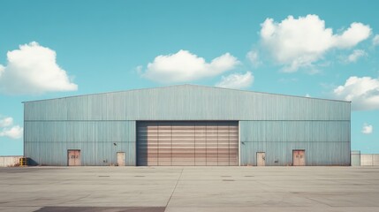 Fototapeta premium Minimalist shot of an industrial warehouse building, plenty of sky for copy. No people or vehicles