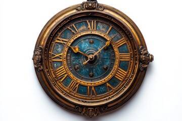 A solitary vintage clock with intricate details and Roman numerals, emphasizing the passage of time, isolated on white background. 