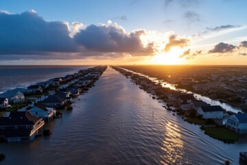 Obraz premium This aerial photo reveals a neighborhood submerged in water, with sunlight reflecting off the flooded streets, juxtaposed against the backdrop of a beautiful sea horizon.