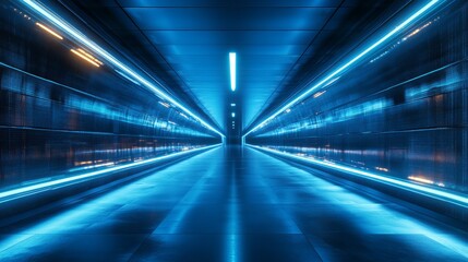 A long, dark tunnel lit by bright blue neon lights. The reflective floor creates a sense of depth and perspective.