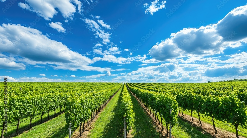 Poster rows of grapevines in a vineyard, with space for copy in the empty sky above. no people visible