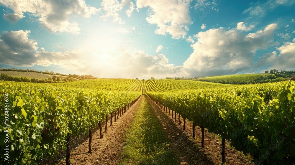 Poster rows of grapevines in a vineyard, with space for copy in the empty sky above. no people visible