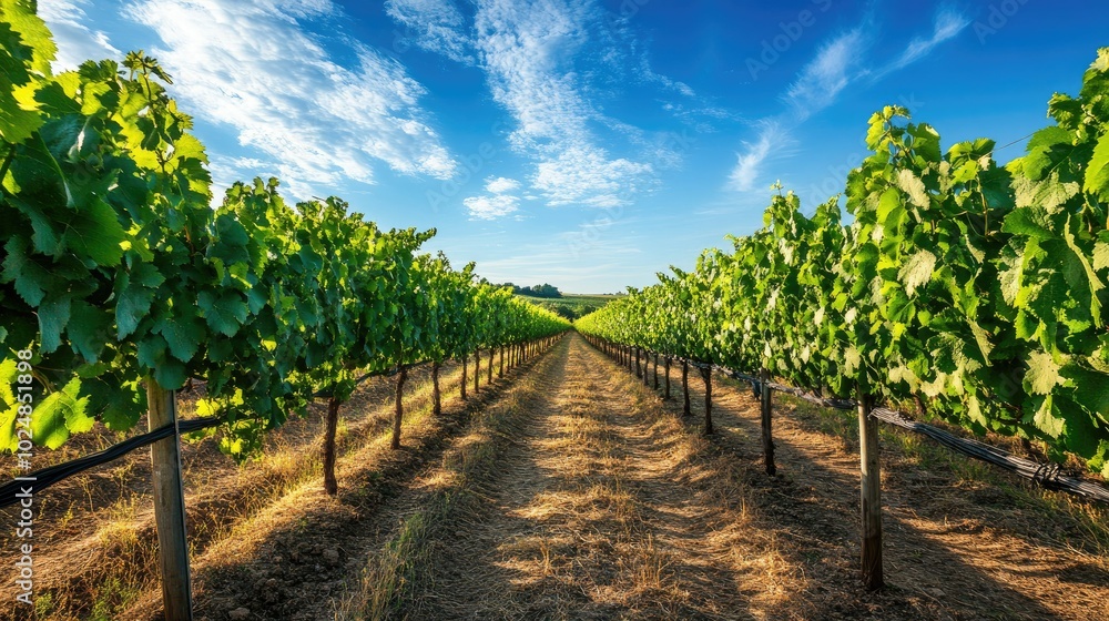 Poster rows of grapevines in a vineyard, with space for copy in the empty sky above. no people visible