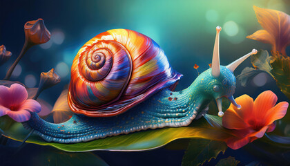 A vividly colored, intricately detailed snail with a vibrant shell moves slowly across a leaf surrounded by glowing flowers, showcasing the beauty of nature in an enchanting, magical world
