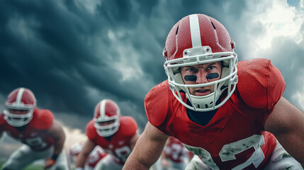 A dramatic scene showcasing football players in action under dark, stormy skies, highlighting intense competition and athletic skill on the field.