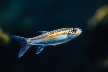 the beside view Blueback Herring, left side view, white copy space on right, Isolated on dark Background