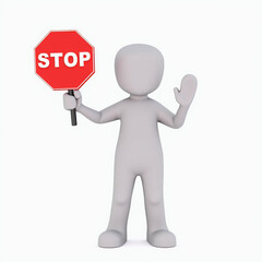Fototapeta premium 3D Man Holding Stop Sign, Isolated on White Background