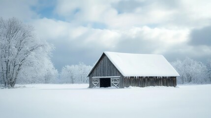 Snow-covered barn with a blank, cloudy sky for text or design