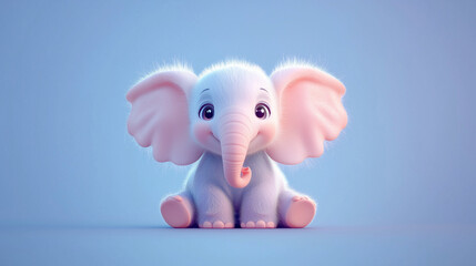 A cute cartoon baby elephant with pink ears sits on a blue background.