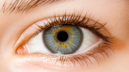 Fototapeta premium A stunning close-up of a human eye showcasing a mesmerizing blue iris with intricate patterns. The image highlights the beauty and detail of human vision.