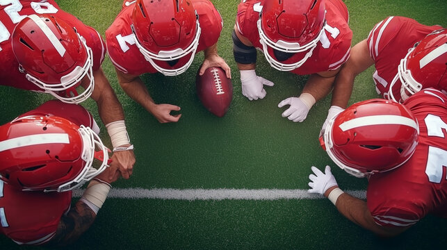 A close-up view of football players in red uniforms engaged in a strategy huddle on the field. They exhibit teamwork and focus while planning their next move.