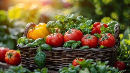 Fototapeta premium A vibrant harvest of tomatoes and basil in a rustic basket under the warm sunlight in a lush garden. Generative AI
