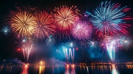 Vibrant fireworks display illuminating the night sky over water, celebrating a festive occasion.