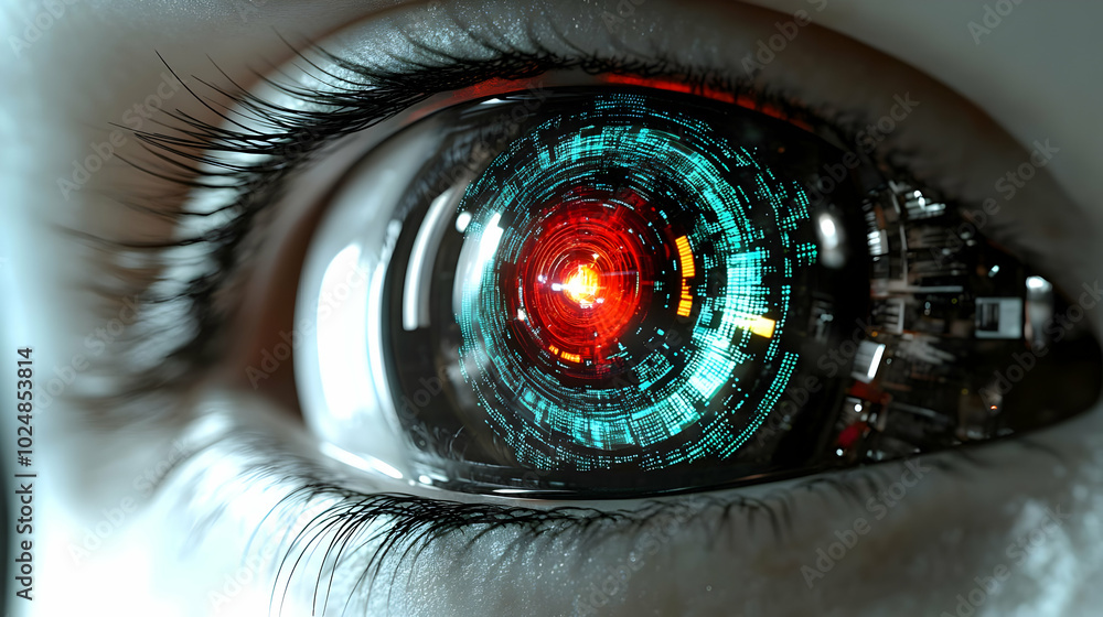 Poster close-up of a futuristic eye with digital elements and a red core.