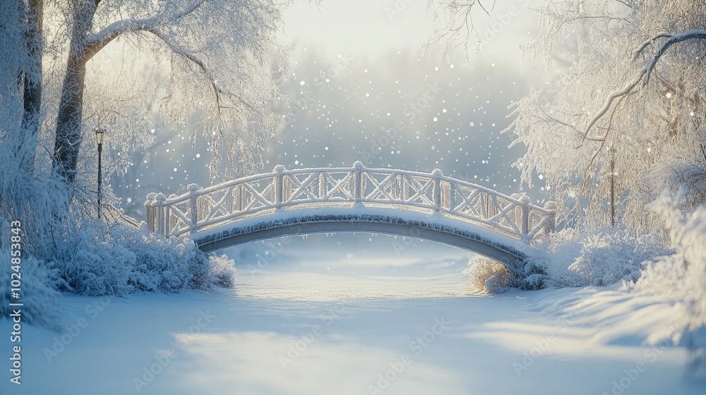 Poster snow-covered bridge over a frozen river with blank space in the snowy scene for text