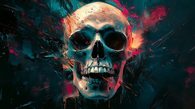A fragmented skull broken into angular geometric shapes, floating amidst chaotic graffiti lines and bright paint splashes. Neon blue, hot pink,