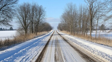 Snow-covered country road lined with bare trees, offering room for copy space in the sky