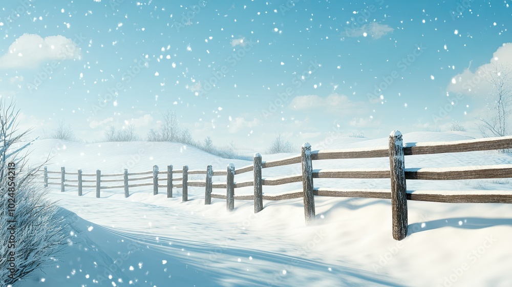 Poster snow-covered fence and rolling hills in the background, large open space for text