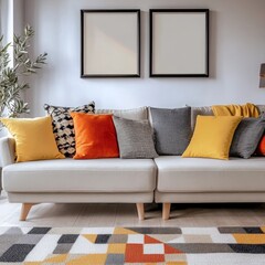Modern Living Room With Comfortable Sofa, Colorful Cushions, And Geometric Rug. Interior Design.