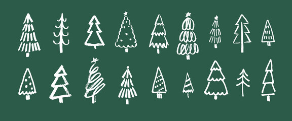 Christmas tree hand drawn vector illustration. White colored pines marker drawing for winter holidays celebration