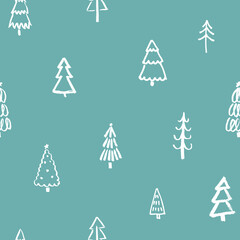 Christmas tree seamless ornament. New Year pattern with hand drawn white doodle trees. Festive background. Vector illustration