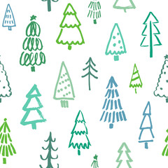 Christmas tree pattern with hand drawn doodle pine trees on white background. Marker drawing in vector. Festive illustration for winter holidays, wrapping paper and more