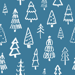 Hand drawn brush stroke Christmas tree pattern. Marker doodle in white color for textile or wrapping paper design. Vector illustration
