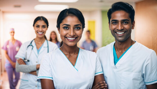 Giovani donne e uomini medico o infermieri indiani sorridono in ospedale
