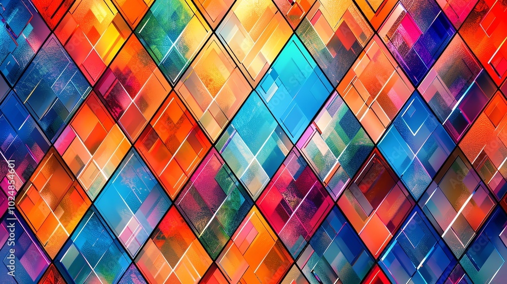 Poster an abstract geometric pattern of colorful squares.
