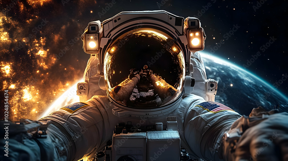 Poster astronaut in space with earth and cosmic elements in background.