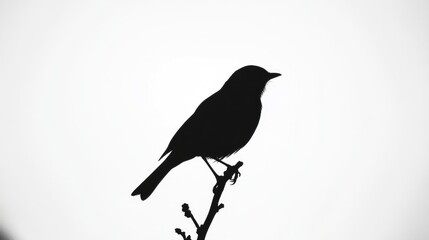 A black silhouette of a perched bird, sharply outlined against a brilliant white background, offering strong visual contrast and simplicity.
