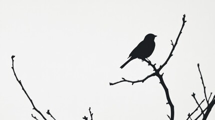 A perched bird in a simple black silhouette, standing out boldly against a bright white background for a striking contrast.