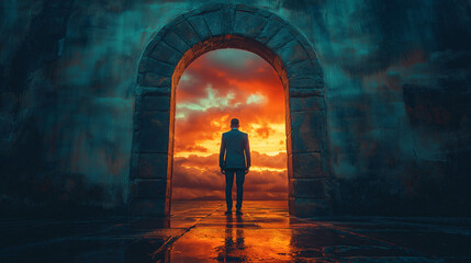 A man in a suit, silhouetted against a dramatic sunset, stands at an ancient archway, ready to embark on a new chapter, a powerful image of transition and stepping into the unknown.  